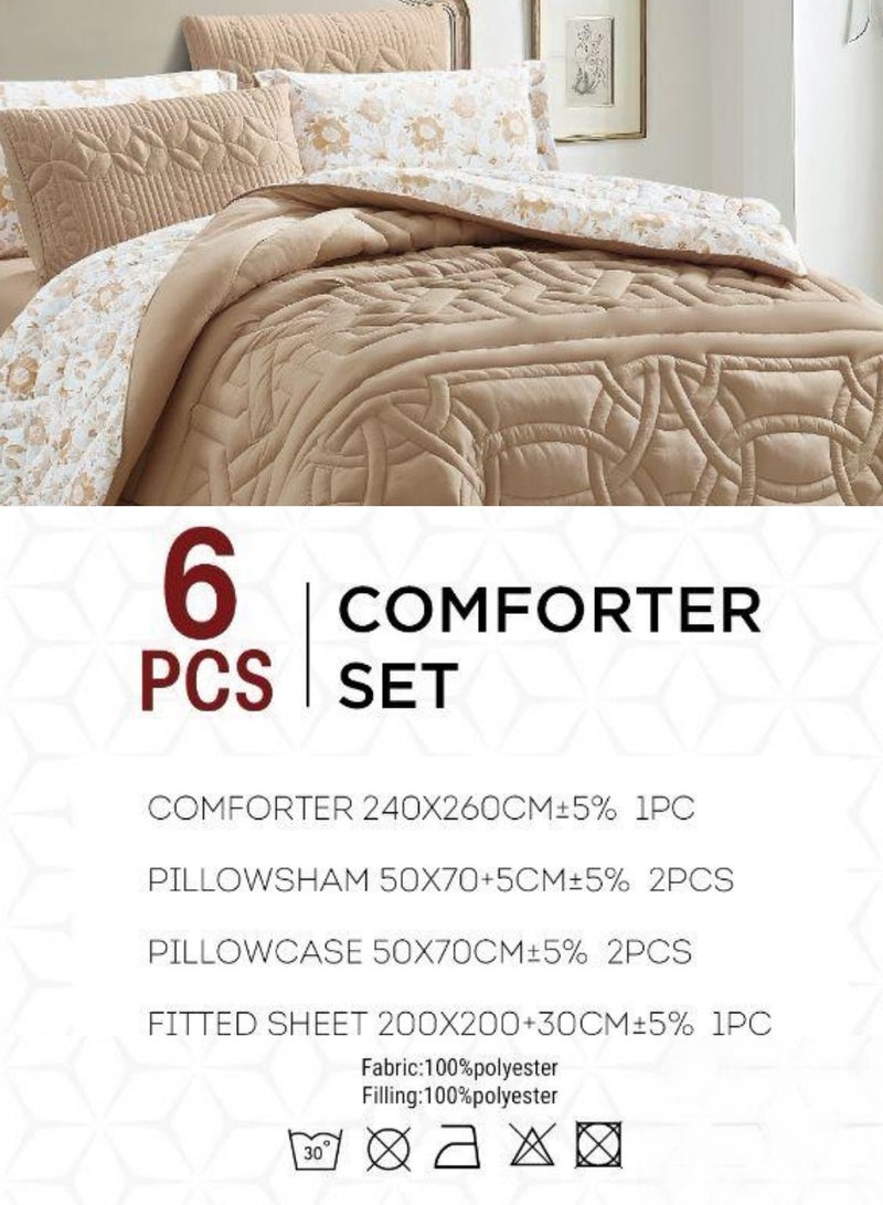 6-Piece Floral Bed Comforter Set - 240x260cm Quilted Comforter with 2 Pillowshams, 2 Pillowcases & Fitted Sheet (Beige)  - Image 2