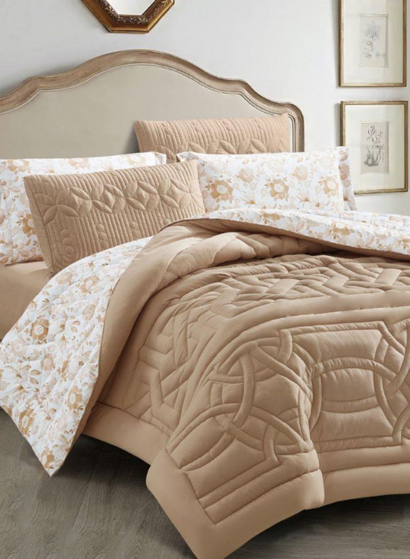 6-Piece Floral Bed Comforter Set - 240x260cm Quilted Comforter with 2 Pillowshams, 2 Pillowcases & Fitted Sheet (Beige)  - Image 1