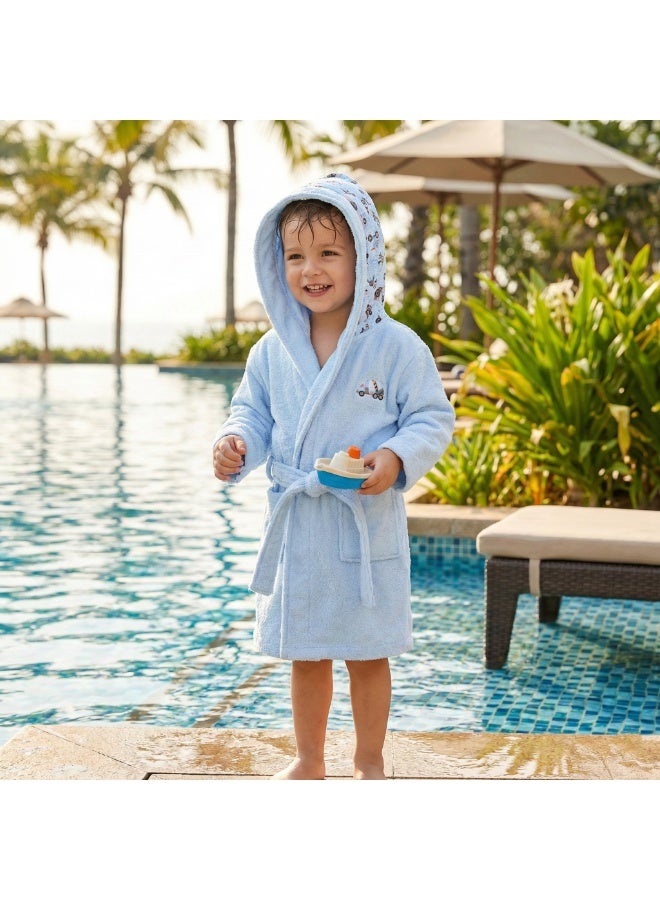 Printex Eg Printex.EG Kids Hooded Bathrobe with Colorful Cartoon Prints, Soft Cotton Fabric, Highly Absorbent & Skin-Friendly, Toddler Robe with Belt for Bath, Pool, and Beach. baby blue(Car print) - Image 2