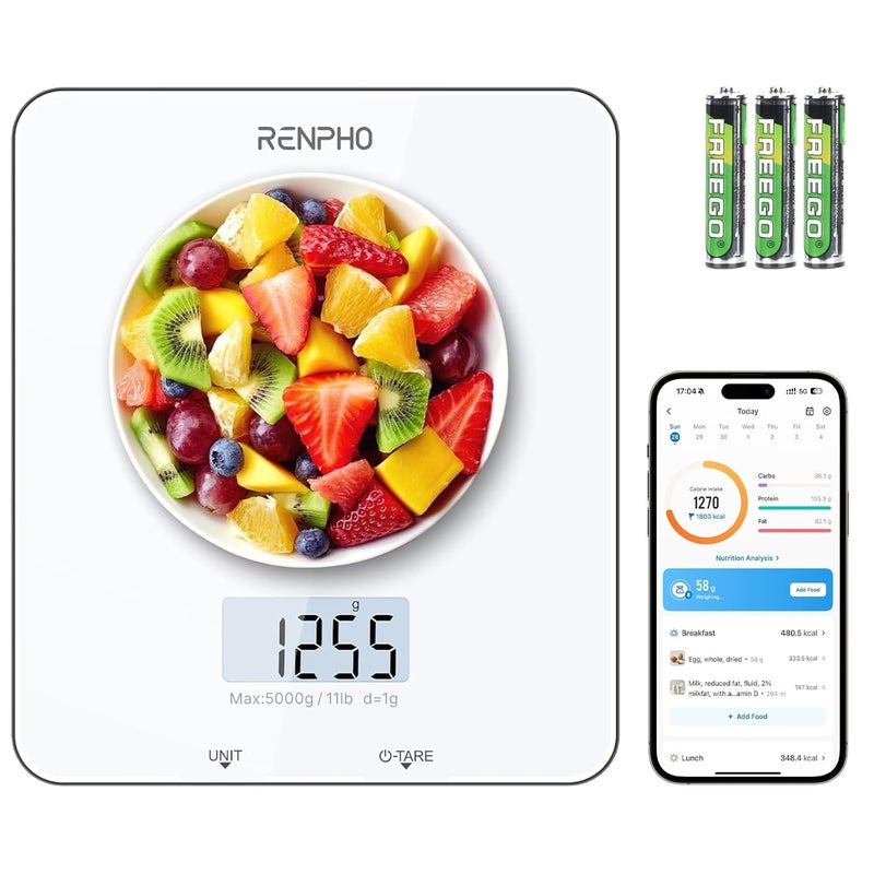 RENPHO Food Scale, Kitchen Scale for Food Ounces and Grams, Smart Cooking Calorie Scale with Timer, Nutritional Analysis with App for Keto Macro Weight Loss, White, 11lb/5kg - Image 1
