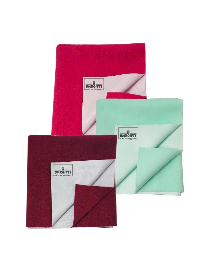BMRGIFTS BMRGIFTS Cotton Extra Absorbent Waterproof Quick Dry Sheet for Baby Washable Bed Mattress Protector Sheet for Toddler Children Pack of 3 Large Size 100x140 cm MehroonPink Sea Green  - Image 1
