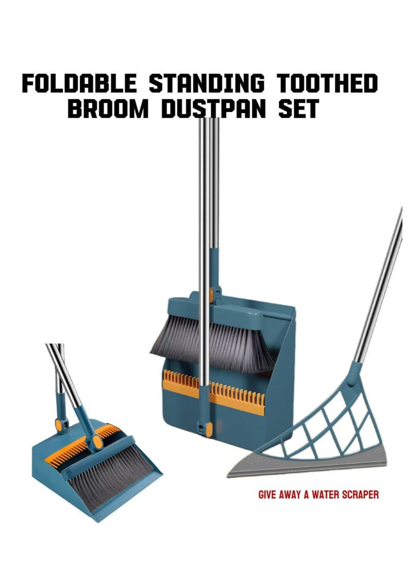 ألعاب تي إن مجموعة 3 قطع 180 درجة دوران المكسرة و Dustpan مجموعة + Squeegee، التخزين العمودي القابل للطي مع التنظيف الذاتي أسنان المشط، أداة تنظيف أرضية المطبخ المنزلي المكتب، الأزرق - Image 1