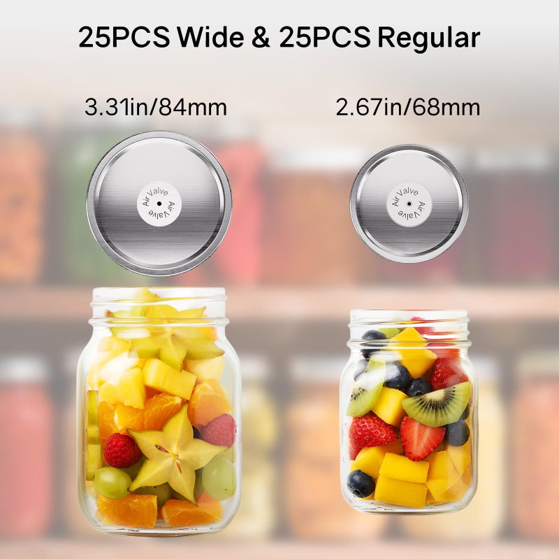 UR ADVANCE 50PCS Canning Lids - 25 Wide Mouth(3.31") & 25 Regular Mouth(2.67") Mason Jar Lids, Create Airtight Seals for Ball, Kerr Jars, Compatible with Electric Vacuum Sealers, Food Grade Canning Supplies - Image 4