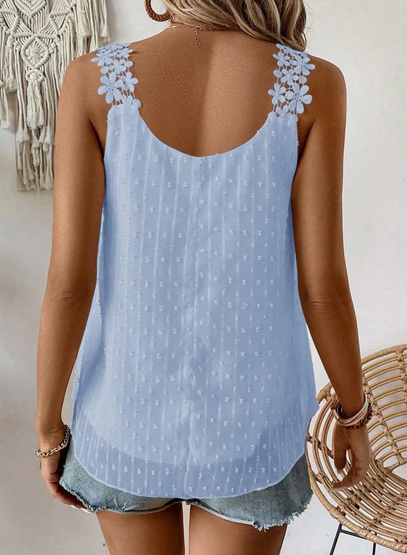Falechay Tank Top for Women Trendy Boho Sleeveless Loose Flowy Summer Shirts Square Neck Chiffon Swiss Dot Blouses Dressy Casual Office Fit Fall Clothes Blue Tunic Tops Plus Size XL - Image 3