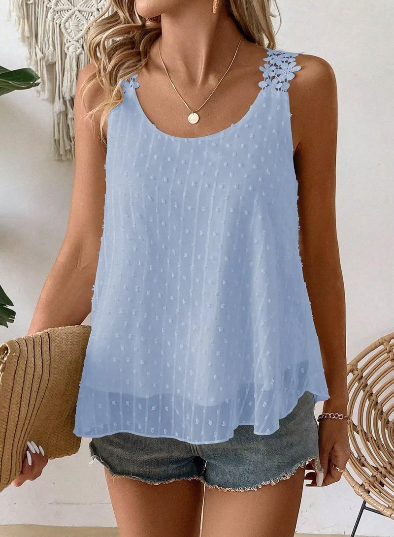 Falechay Tank Top for Women Trendy Boho Sleeveless Loose Flowy Summer Shirts Square Neck Chiffon Swiss Dot Blouses Dressy Casual Office Fit Fall Clothes Blue Tunic Tops Plus Size XL - Image 2