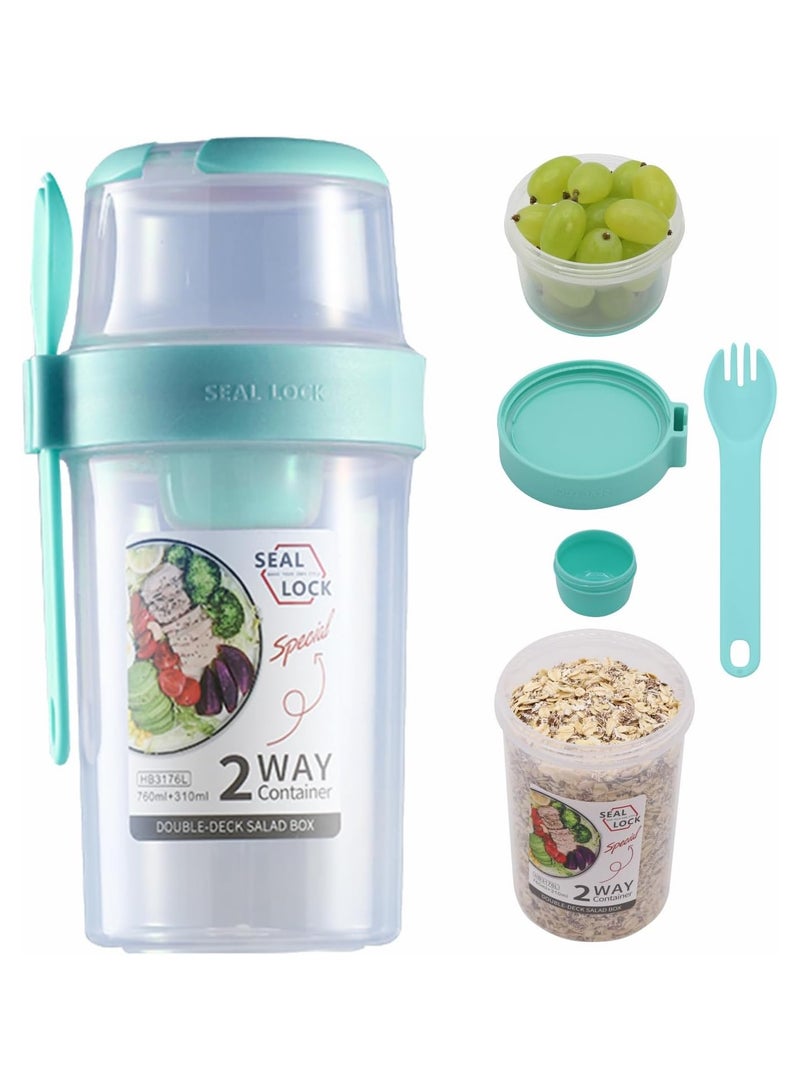 Double Layered Salad Cup Breakfast Salad Cup Light Meal With Fork Cover Dip Box Portable Good Sealing Performance Plastic Multi-Purpose Container Can (Blue)  - Image 1