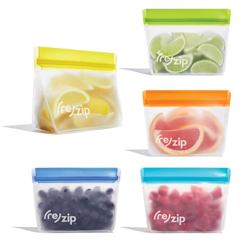 Rezip (re) zip 5-pack Stand-Up Reusable Bags | BPA-Free, Food Grade, Leakproof, Freezer and Dishwasher Safe | 5 Snack-Size Bags (1-Cup / 8-Oz) | Multicolor for Easy Organization - Image 1