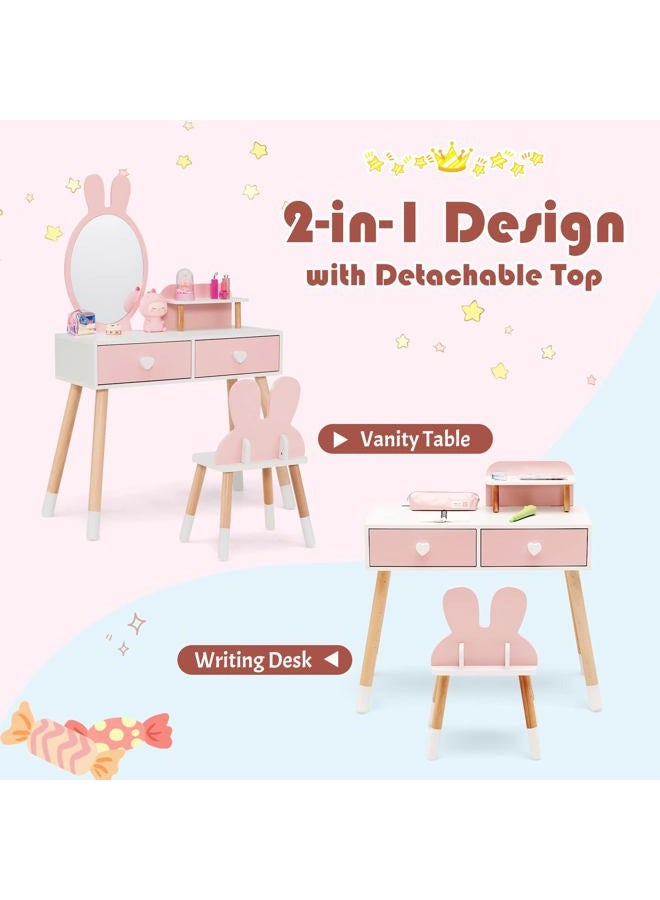 INFANS Kids Vanity Set, 2 in 1 Wooden Princess Makeup Table and Chair with Mirror Storage Drawers Shelf, for Little Girls, Rabbit Themed Toddler Dressing Desk Beauty Play Set Gift - Image 2