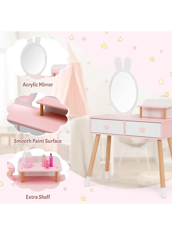 INFANS Kids Vanity Set, 2 in 1 Wooden Princess Makeup Table and Chair with Mirror Storage Drawers Shelf, for Little Girls, Rabbit Themed Toddler Dressing Desk Beauty Play Set Gift - Image 3