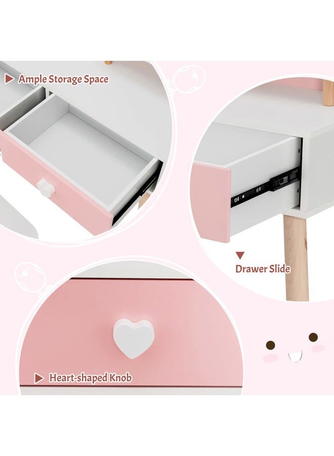 INFANS Kids Vanity Set, 2 in 1 Wooden Princess Makeup Table and Chair with Mirror Storage Drawers Shelf, for Little Girls, Rabbit Themed Toddler Dressing Desk Beauty Play Set Gift - Image 5