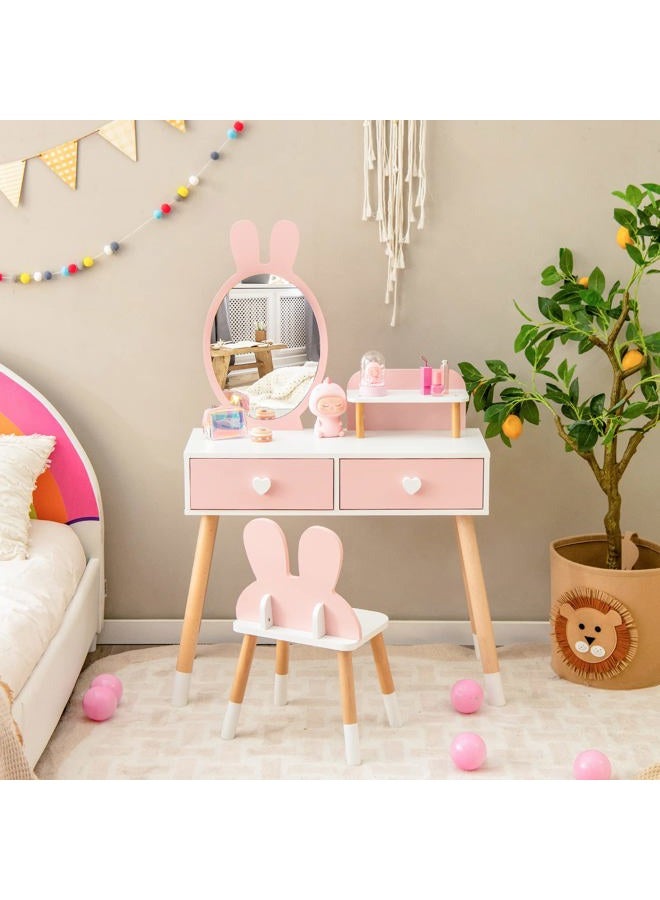 INFANS Kids Vanity Set, 2 in 1 Wooden Princess Makeup Table and Chair with Mirror Storage Drawers Shelf, for Little Girls, Rabbit Themed Toddler Dressing Desk Beauty Play Set Gift - Image 1