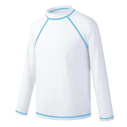 BIGANT Boys Rash Guard Swim Shirt Long Sleeve UPF 50+ Rashguard Quick Dry Kids Youth Fishing Water Sun UV SPF Swimwear Tops(White,12-14Y) - Image 1
