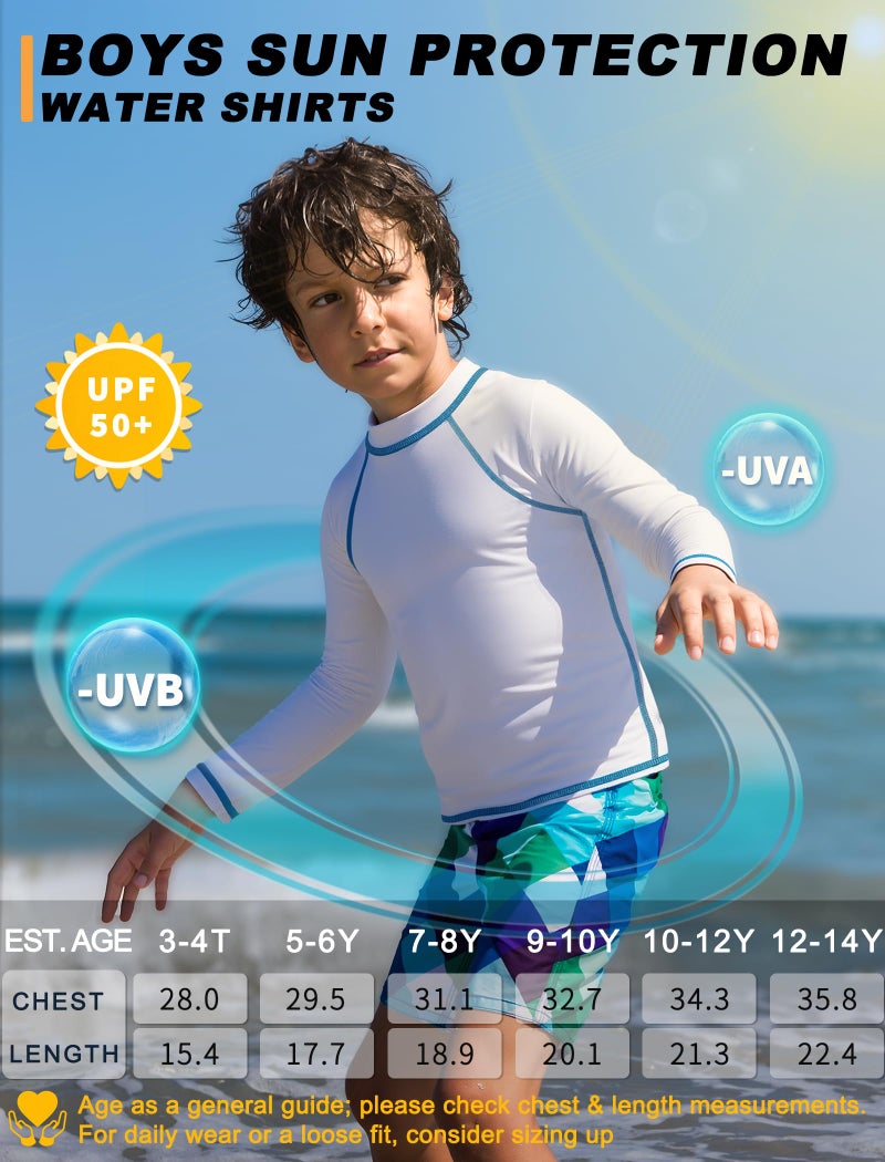 BIGANT Boys Rash Guard Swim Shirt Long Sleeve UPF 50+ Rashguard Quick Dry Kids Youth Fishing Water Sun UV SPF Swimwear Tops(White,12-14Y) - Image 2