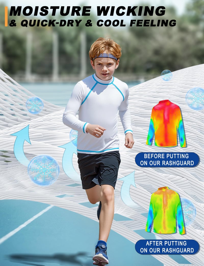 BIGANT Boys Rash Guard Swim Shirt Long Sleeve UPF 50+ Rashguard Quick Dry Kids Youth Fishing Water Sun UV SPF Swimwear Tops(White,12-14Y) - Image 3