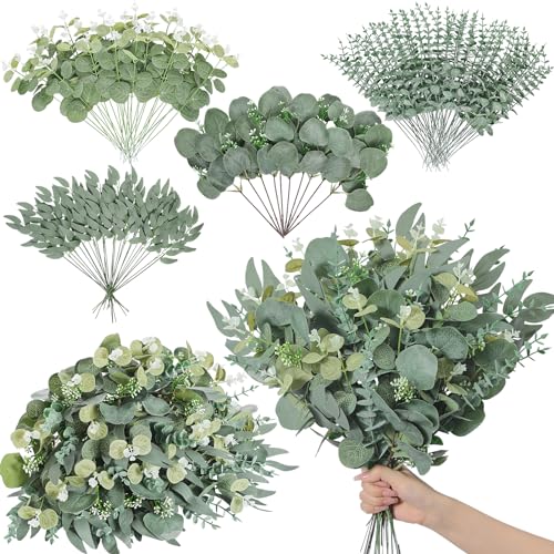 Serwalin 100pcs Artificial Mixed Eucalyptus Stems Leaveas Bulk 4Kinds Fake Grennery Silver Dollar Eucalyptus Leaves PicksFaux Greenry Stems Sprays for DIY Bouquets Floral Arrangement Home Decor