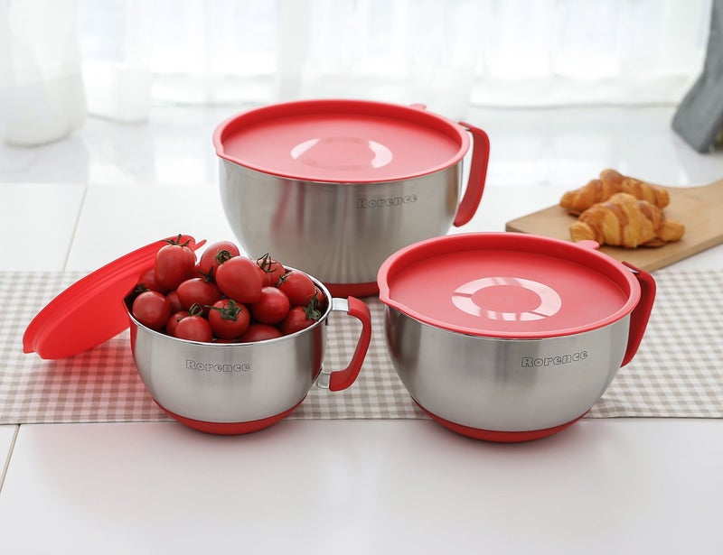 Rorence Mixing Bowls with Lids Set: Stainless Steel Mixing Bowls with Handles, Non-Slip Bottom & Pour Spout - Red, 3 quarts - Image 3