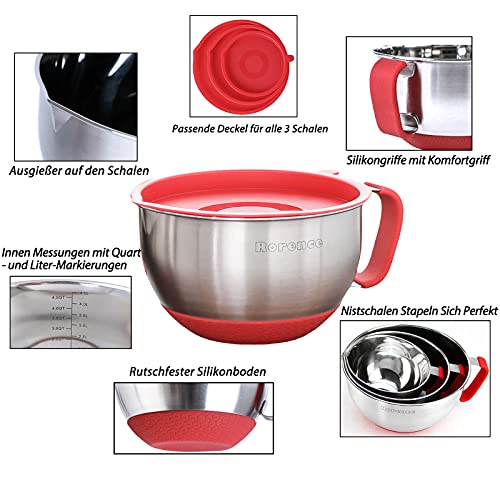 Rorence Mixing Bowls with Lids Set: Stainless Steel Mixing Bowls with Handles, Non-Slip Bottom & Pour Spout - Red, 3 quarts - Image 2