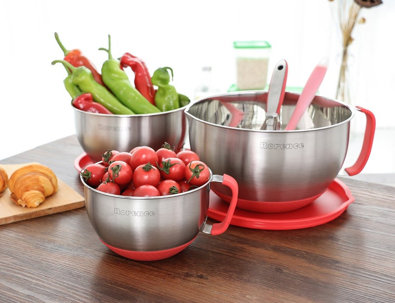 Rorence Mixing Bowls with Lids Set: Stainless Steel Mixing Bowls with Handles, Non-Slip Bottom & Pour Spout - Red, 3 quarts - Image 5