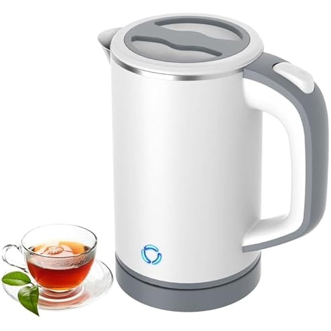 MAKINGTEC Small Electric Kettle Travel Mini Hot Water Boiler Heater 304 Stainless Steel 08L Portable Electric Kettles Or Boiling Water With Auto ShutOff For Camping Travel Office And More White - Image 1