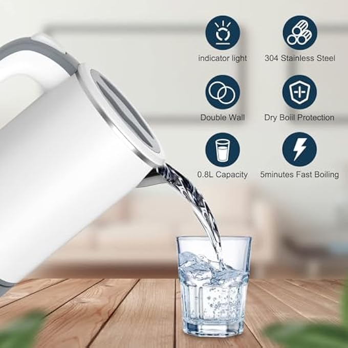 MAKINGTEC Small Electric Kettle Travel Mini Hot Water Boiler Heater 304 Stainless Steel 08L Portable Electric Kettles Or Boiling Water With Auto ShutOff For Camping Travel Office And More White - Image 3