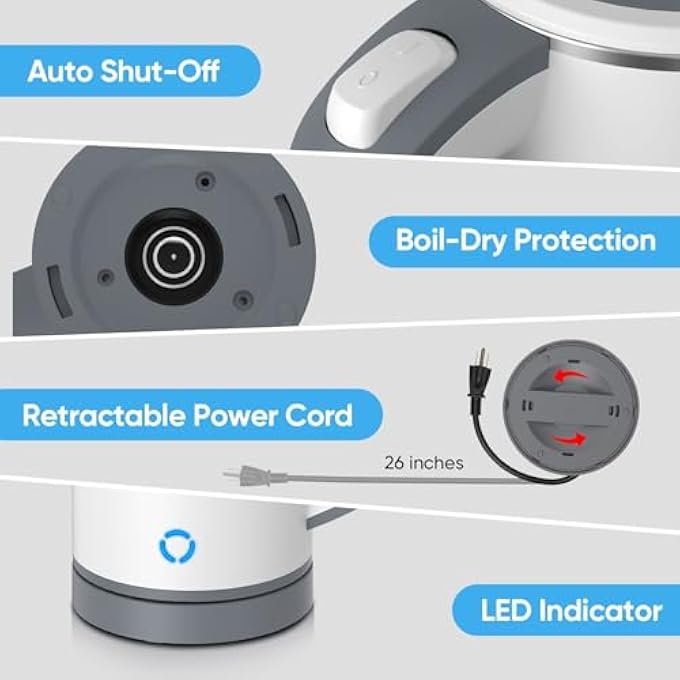 MAKINGTEC Small Electric Kettle Travel Mini Hot Water Boiler Heater 304 Stainless Steel 08L Portable Electric Kettles Or Boiling Water With Auto ShutOff For Camping Travel Office And More White - Image 5