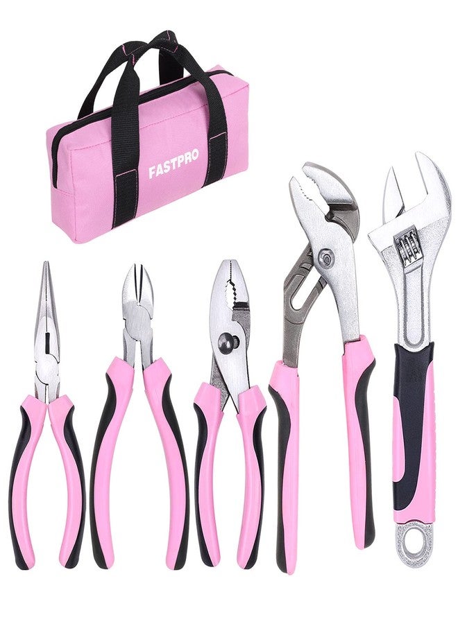 FASTPRO 5-Piece Pink Utility Pliers Set with Storage Bag, Includes Groove Joint, Diagonal, Long Nose, Slip Joint Pliers and 8" Adjustable Wrench - Image 1