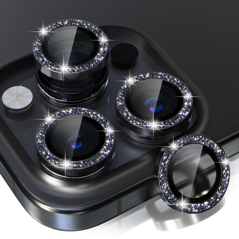 Choiche Compatible for iPhone 15 Pro/iPhone 15 Pro Max Camera Lens Protector Bling, 9H Tempered Glass Camera Cover Screen Protector Metal Ring Decoration Accessories (Glitter-Black) - Image 1