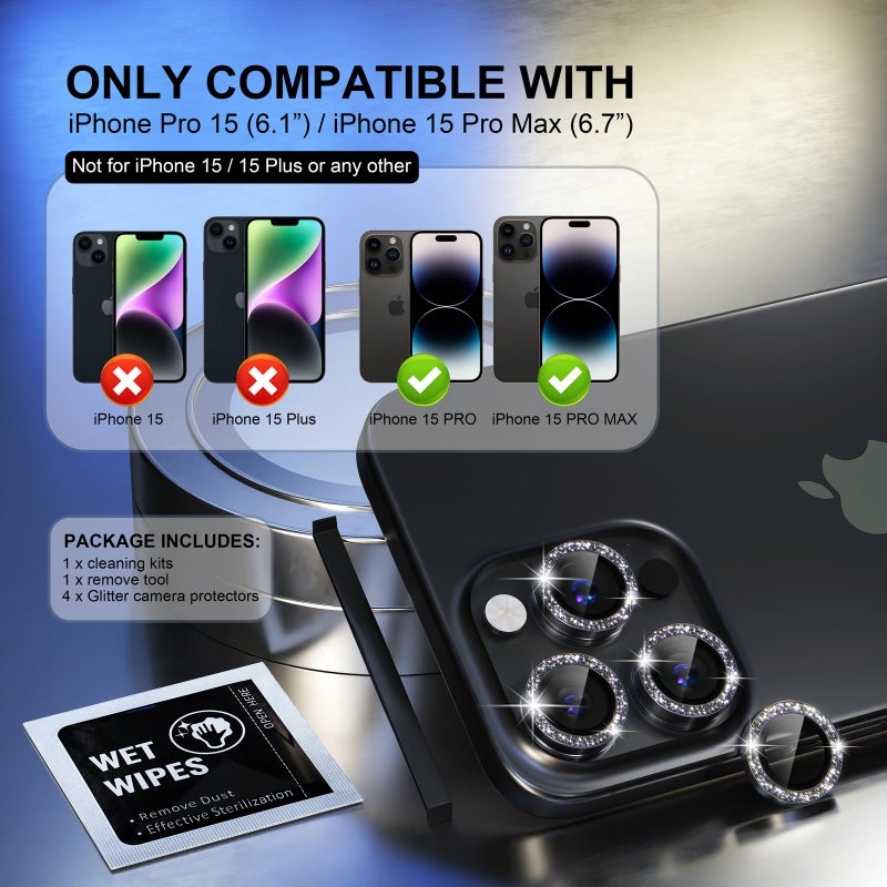 Choiche Compatible for iPhone 15 Pro/iPhone 15 Pro Max Camera Lens Protector Bling, 9H Tempered Glass Camera Cover Screen Protector Metal Ring Decoration Accessories (Glitter-Black) - Image 2