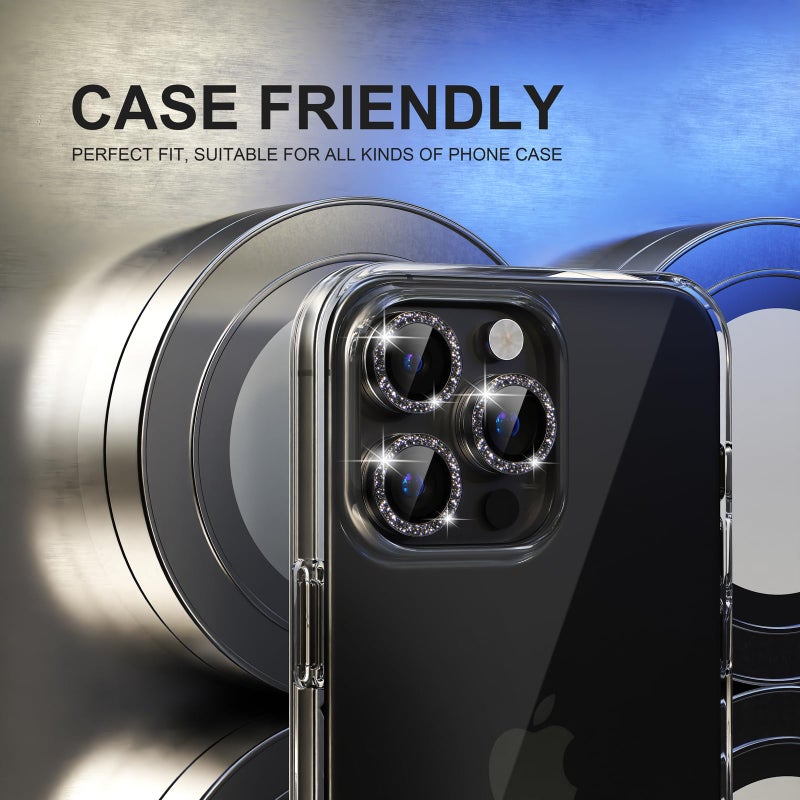 Choiche Compatible for iPhone 15 Pro/iPhone 15 Pro Max Camera Lens Protector Bling, 9H Tempered Glass Camera Cover Screen Protector Metal Ring Decoration Accessories (Glitter-Black) - Image 4