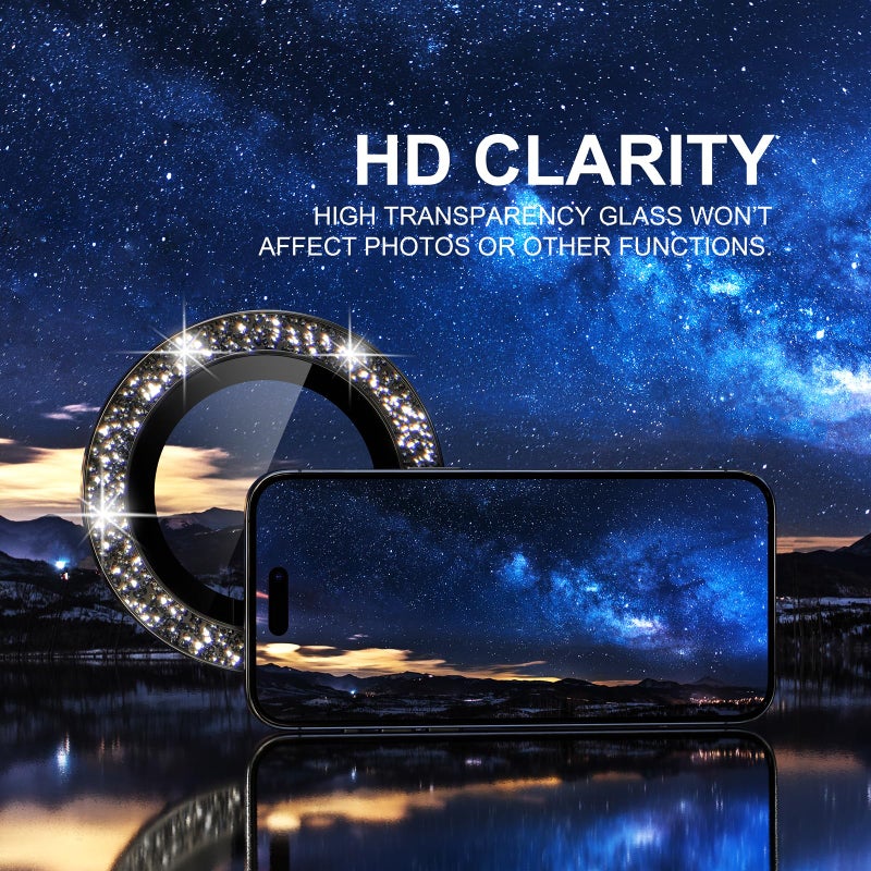 Choiche Compatible for iPhone 15 Pro/iPhone 15 Pro Max Camera Lens Protector Bling, 9H Tempered Glass Camera Cover Screen Protector Metal Ring Decoration Accessories (Glitter-Black) - Image 5