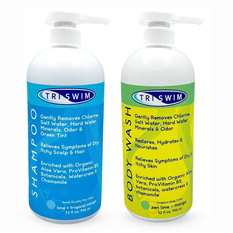 Triswim Swim Shampoo and Body Wash Bundle 32oz Bottles with Pump | Removes Chlorine, Saltwater, Hard Water, Bromine & Odors | Hydrates Hair & Skin - with Aloe Vera, Pro-Vitamin B5 - Image 1
