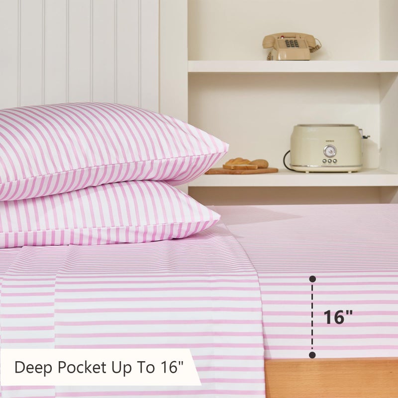 M&Co MCO 4Pieces Striped Sheets Set, Breathable Queen Sheet Set with 16" Deep Pocket,Modern & Luxury, Brushed Microfiber Bedding Set(Queen, Pink Simple) - Image 5