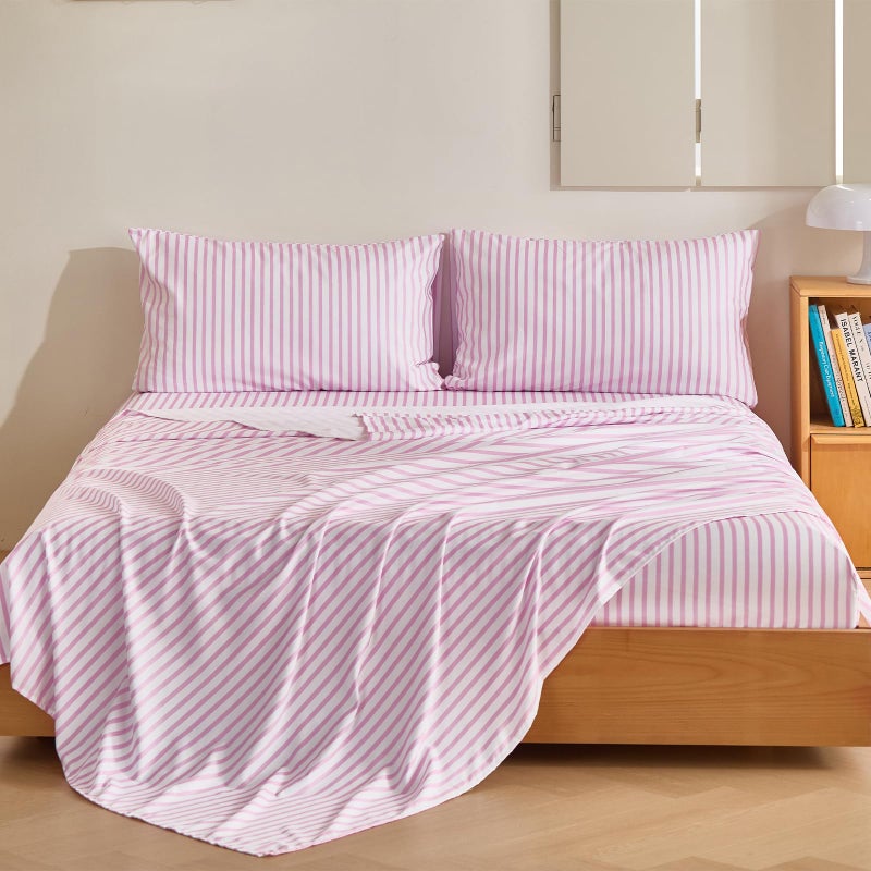 M&Co MCO 4Pieces Striped Sheets Set, Breathable Queen Sheet Set with 16" Deep Pocket,Modern & Luxury, Brushed Microfiber Bedding Set(Queen, Pink Simple) - Image 2