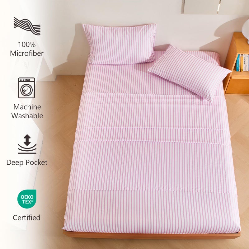 M&Co MCO 4Pieces Striped Sheets Set, Breathable Queen Sheet Set with 16" Deep Pocket,Modern & Luxury, Brushed Microfiber Bedding Set(Queen, Pink Simple) - Image 4
