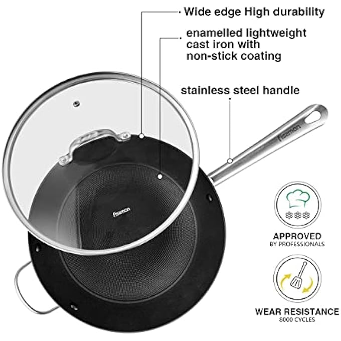 فيسمان مقلاة ووك ميليتا 30 سم مع غطاء زجاجي، مصنوعة من الحديد الزهر خفيف الوزن، وطبقة غير لاصقة، وطبقة طلاء زيلان بلس - Image 3