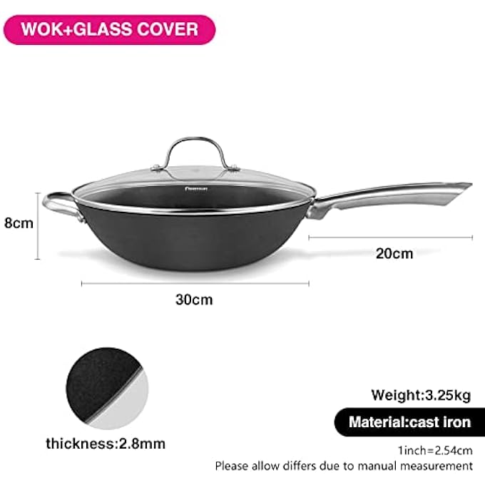 فيسمان مقلاة ووك ميليتا 30 سم مع غطاء زجاجي، مصنوعة من الحديد الزهر خفيف الوزن، وطبقة غير لاصقة، وطبقة طلاء زيلان بلس - Image 5