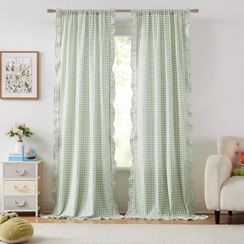 ZJDECOR 90 Inches Buffalo Plaid Curtain Panels for Kidsroom,Sage Green Farmhouse Not-See-Through Sheer Ruffle Drapes,Shabby Chic Window Treatment for Bedroom Living Room,Rod Pocket,40" Wx90 Lx2 - Image 1
