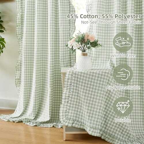 ZJDECOR 90 Inches Buffalo Plaid Curtain Panels for Kidsroom,Sage Green Farmhouse Not-See-Through Sheer Ruffle Drapes,Shabby Chic Window Treatment for Bedroom Living Room,Rod Pocket,40" Wx90 Lx2 - Image 2
