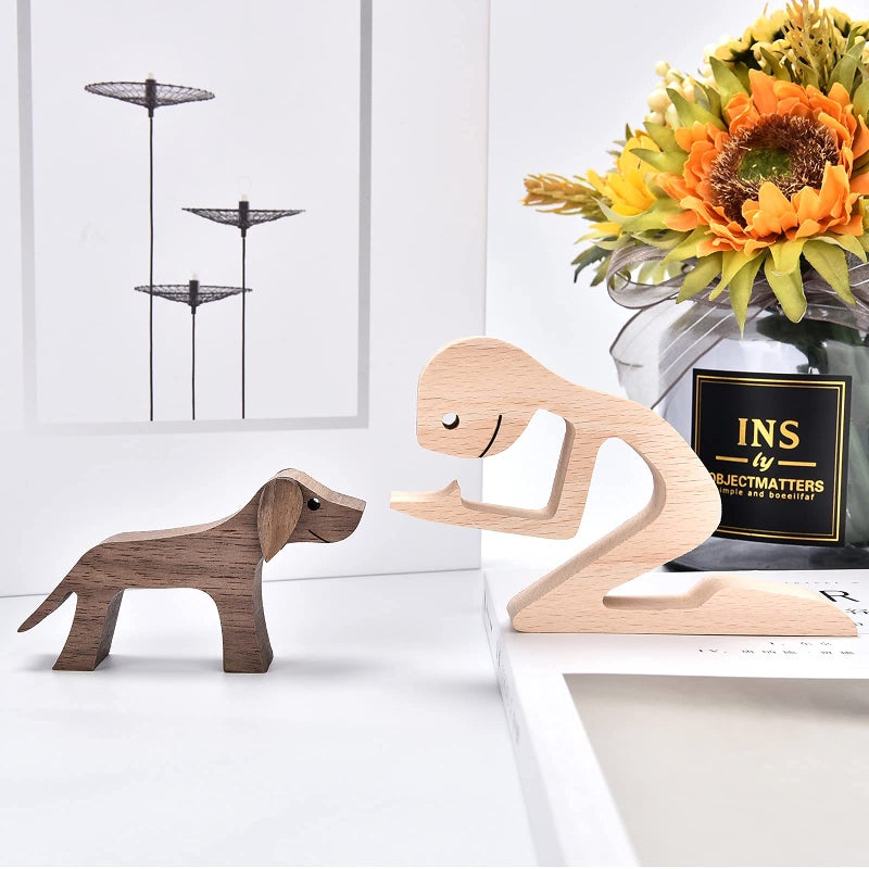 KINGNOW KINGNOW Figurines Home Decor Wooden Sculpture Men and Dog Two Piece Decor Home Gifts  - Image 3