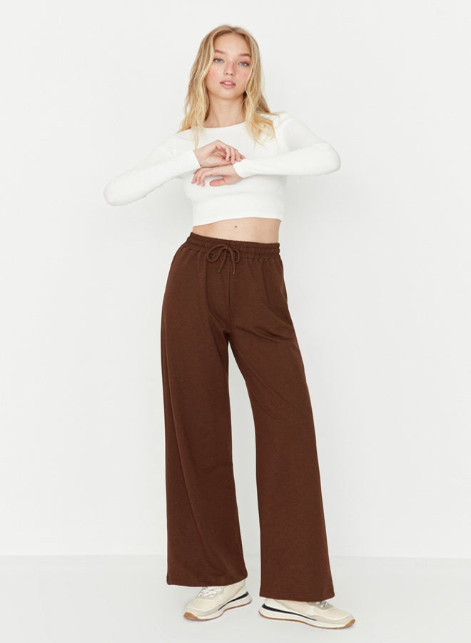 trendyol Brown Cotton Wide Leg Thin Knitted Sports Sweatpants TWOAW22EA0053 - Image 1