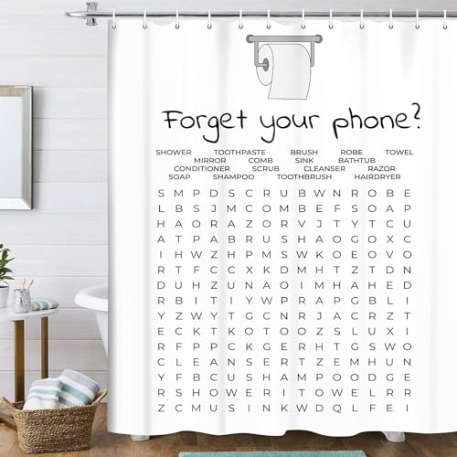 VeiVian Funny Bathroom Decor Shower Curtain Black and White Bath Curtain, Fun Bathroom Word Search Forget Your Phone Bathroom Humor Shower Curtain Fabric Bathroom Accessories with Hooks 70X70IN - Image 2