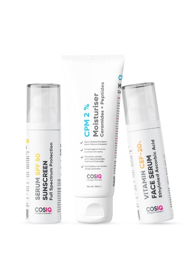 CosIQ Cos-IQ Glow & Protect Skincare Kit | 2% Ceramides moisturiser 100ml, 20% Vitamin C Serum 30ml & Sunscreen Spf50 30ml | Premium Gift Set for Women & Men | Barrier Repair Moisturizer for All Skin Types - Image 1