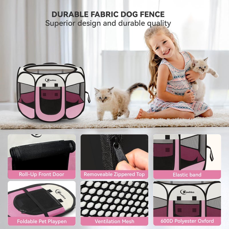 Siedihit Pink Dog Cat Playpen, Puppy Pet Playpen Indoor for Small Dog Crate Tent Cage Outdoor, Portable Pop Up Dogs Enclosure Kennel with Carrying Case for Dogs/Cats/Rabbits - Image 4