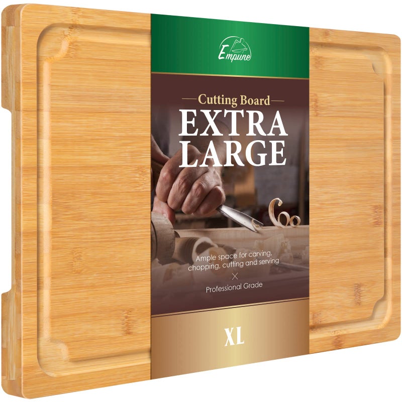 Empune Extra Large Cutting Board, 17.6" Bamboo Cutting Boards for Kitchen with Juice Groove and Handles Kitchen Chopping Board for Meat Cheese board Heavy Duty Serving Tray, XL, Empune - Image 1