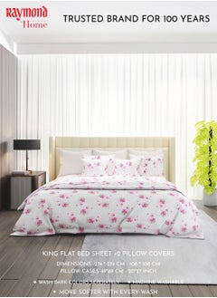 Raymond Raymond Home King Flat Sheet Bedsheet 200 Thread Count Luxirious 100% Long Staple Cotton Bedding Printed Sateen Percale Bed Linen with 2 Pillow Case - Pink (274 * 274 CM)  - Image 3