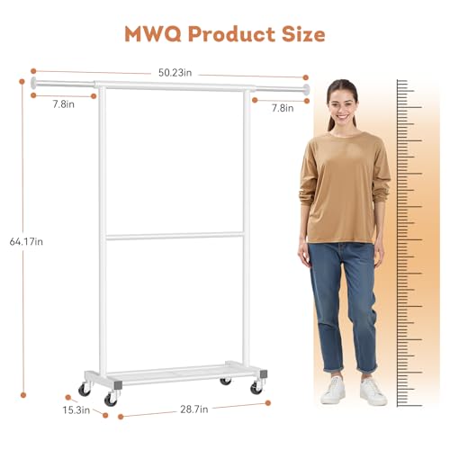 MWQ Standard Clothes Rack, Rolling 50“L Clothing Garment Rack with Mesh Shelves on Wheels, Portable Wardrobe Rack for Bedroom, Laundry Room, White - Image 3