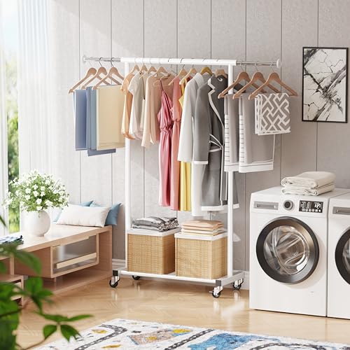 MWQ Standard Clothes Rack, Rolling 50“L Clothing Garment Rack with Mesh Shelves on Wheels, Portable Wardrobe Rack for Bedroom, Laundry Room, White - Image 2