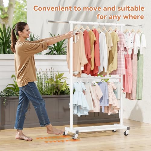 MWQ Standard Clothes Rack, Rolling 50“L Clothing Garment Rack with Mesh Shelves on Wheels, Portable Wardrobe Rack for Bedroom, Laundry Room, White - Image 5
