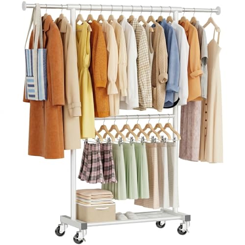 MWQ Standard Clothes Rack, Rolling 50“L Clothing Garment Rack with Mesh Shelves on Wheels, Portable Wardrobe Rack for Bedroom, Laundry Room, White - Image 1