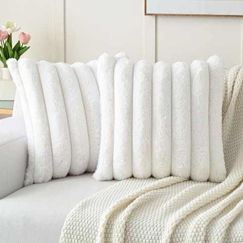 FUTEI Cream White Decorative Throw Pillow Covers 18x18 Inch Set of 2 Square Soft Faux Rabbit Fur Big Striped Cushion CoverHome Decor for Couch Sofa Bed Living Room